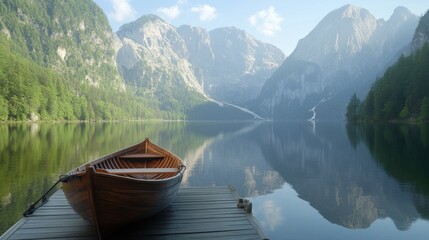 Obraz premium Rowboat Docked, Mountain Lake, Sunrise Calm
