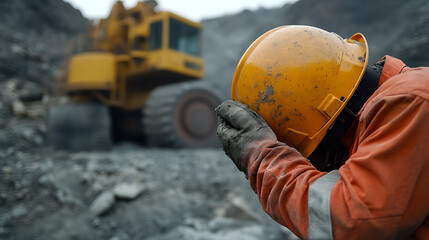 Miner Holding Hard Hat with Heavy Machinery in Background