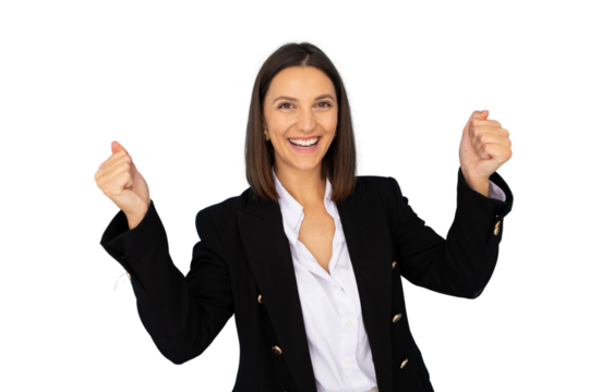 Businesswoman celebrating success with raised fists and a joyful expression, isolated on transparent background