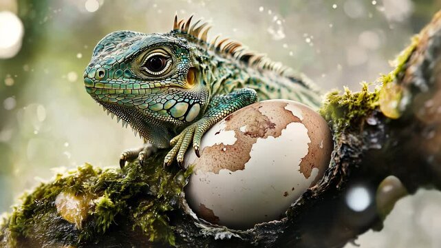 A small green lizard is perched next to a cracked egg on a moss-covered branch. The blurred background consists of light spots, creating a natural setting.