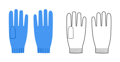 Knit Wool Gloves Short length blue cartoon and flat sketch outline Fashion hand accessory clothing technical illustration garment. Vector front palm back view for Men women, unisex style template CAD