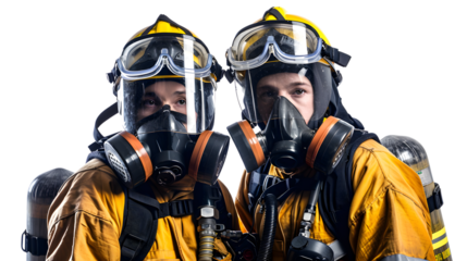 Professional firefighters with respirator and air tank exercising during training session