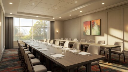Fototapeta premium Meeting room, conference, sunlight, trees, hotel