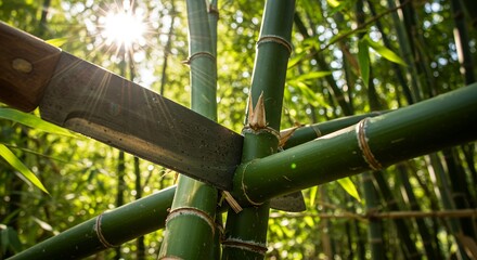 Knife cutting bamboo stems in forest