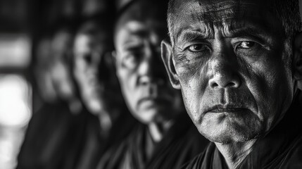 The Serene Gaze of a Monk A Black and White Portrait