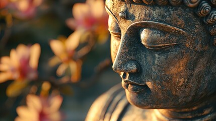 Serene Buddha Statue at Sunset with Magnolia Blossoms