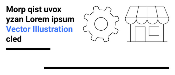 Gear and storefront outline beside text spaces combine technology and commerce themes. Ideal for business, retail, branding, web design, technology, marketing, simple landing page