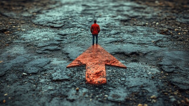 Man standing on a red arrow, facing the future