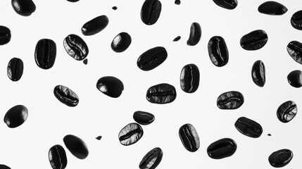 Black coffee beans raining down in artistic pattern, freshness and energy concept generative ai
