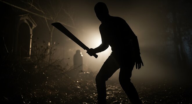 Silhouette of person with machete in dim interior