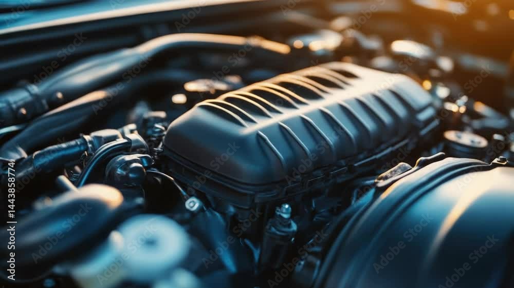 Poster close-up view of a car's internal combustion engine, ideal for automotive-related illustrations and 