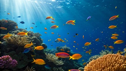 Naklejka premium A close-up view of a coral reef with diverse marine organisms and fish, emphasizing the intricate details and bright colors of the underwater world, ideal for illustrating topics related to marine bio