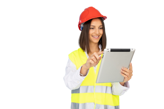Young architect wearing safety helmet and vest using digital tablet with transparent background