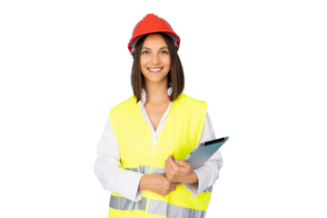 Professional female architect wearing hardhat, safety vest, holding digital tablet, smiling confidently during construction project site management