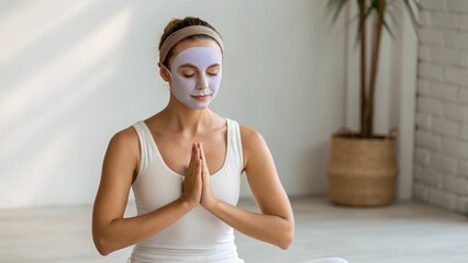 A woman, who appears to be sitting with her hands in a prayer or meditation pose, has a light purple or grey face mask applied and is wearing a white tank top and headband, with a plant 
