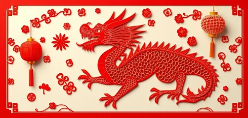 Fototapeta premium Intricate red dragon paper cut, clean lines, flat style, festive Chinese New Year design, ample space, red dragon, vector