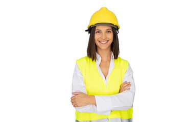 Confident female engineer smiling with crossed arms, wearing safety vest and hardhat, on a transparent background