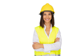 Confident female engineer smiling with crossed arms, wearing safety vest and hardhat, on a transparent background