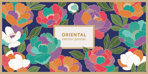 Chinese luxury poster with oriental color peony flowers, leaves and pattern. Asian vector background of gold lines art texture. Design illustration for wallpaper, card, poster, packaging, advertising © Valedi 
