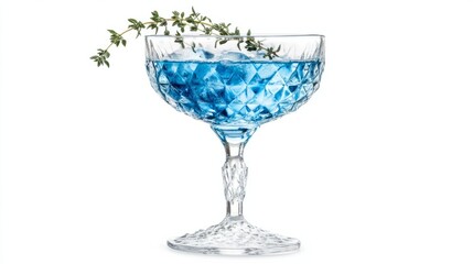 Blue curacao cocktail in a vintage crystal champagne glass, garnished with thyme, isolated on a white background. generative ai