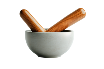 Wooden Pestles in a Ceramic Bowl for Cooking and Herbal Preparation