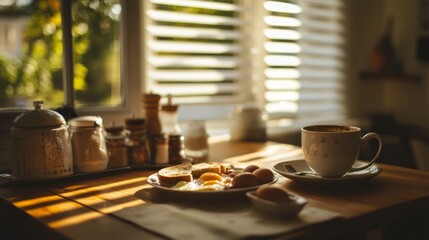 Breakfast on a wooden table, eggs, toast, coffee, sunlight through the blinds, simple life. generative ai