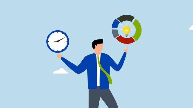 Time management, 4k animation of businessman holding time clock with pie chart routine.