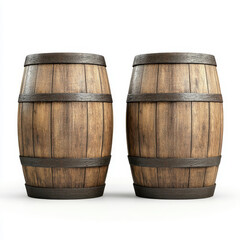 Fototapeta premium Classic wooden barrels shine against a clean white backdrop, showcasing their rustic charm and timeless appeal.