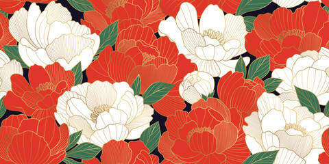 Luxury seamless pattern with oriental peony flowers and leaves. Asian vector background of gold lines art texture. Chinese illustration for wallpaper, card, poster, packaging, advertising © Valedi 