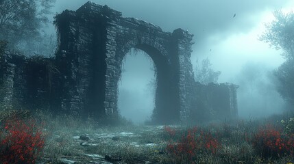 Misty ruins archway in a forest