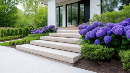 Obraz premium Modern home exterior with stone steps and vibrant landscaping. A light beige stone staircase leads to a modern house. Purple hydrangeas and various greenery adorn the landscape design