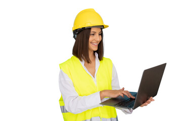Happy female engineer wearing safety vest and hardhat using laptop, isolated on transparent background