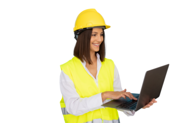 Happy female engineer wearing safety vest and hardhat using laptop, isolated on transparent background