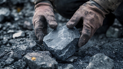 Miner's Hands Holding a Piece of Coal