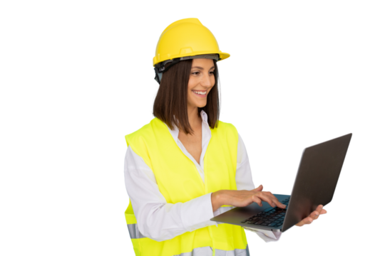 Happy female engineer wearing safety vest and hardhat using laptop, isolated on transparent background