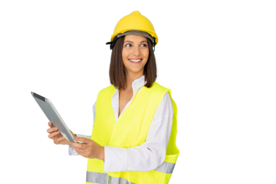Cheerful female engineer wearing safety vest and helmet using digital tablet, isolated on transparent background