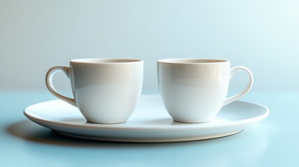 Obraz premium two white coffee cups on a single wide saucer, clean table concept generative ai