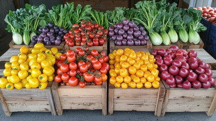 Colorful array of fresh, vibrant vegetables in wooden crates.  A display of various tomato varieties, including red, yellow, and purple, alongside other leafy greens and produce