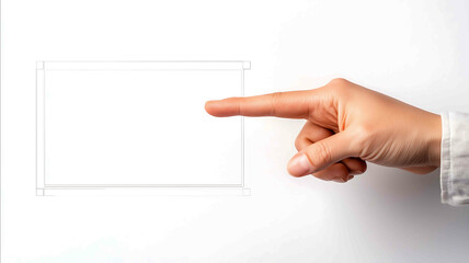 A hand pointing to the topright corner of the image with ample blank space on the left side for text minimalist white background