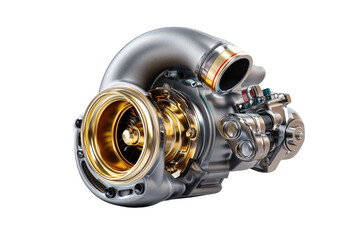Closeup View Of A Gray And Gold Turbocharger isolated on transparent background 