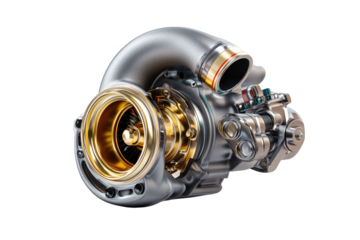 Closeup View Of A Gray And Gold Turbocharger isolated on transparent background 