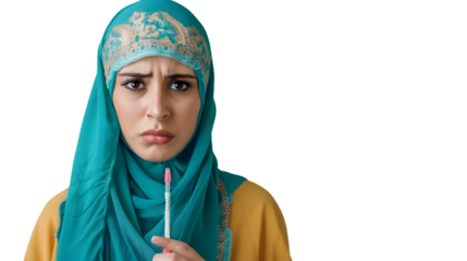 Distressed Muslim woman holding pregnancy test on green background