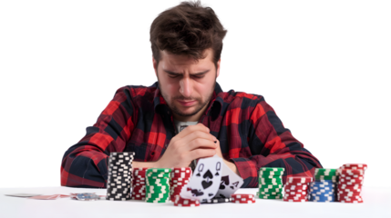 Professional Image of Upset Poker Player Holding Bad Poker Cards in Casino