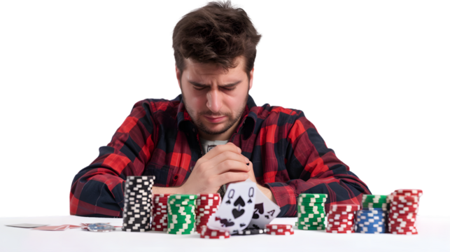 Professional Image of Upset Poker Player Holding Bad Poker Cards in Casino