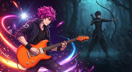 Obraz premium Anime scene: A guitarist plays with dynamic effects, while an archer stands ready in a dark forest setting, creating a striking contrast.