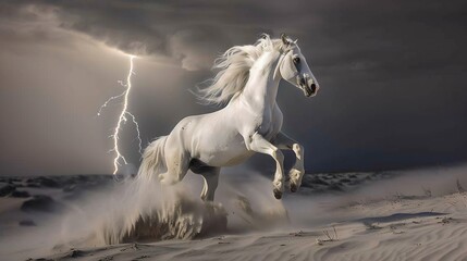 A white stallion rears in defiance as lightning slices through the atmosphere