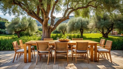 Fototapeta premium Outdoor dining area under olive trees with modern wooden furniture, outdoor dining