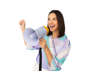 Excited businesswoman shouting through megaphone and raising fist, celebrating success on transparent background