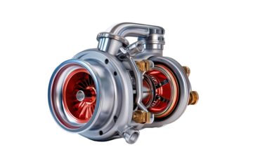 Detailed 3D Render Of A Red And Silver Turbocharger On Transparent Background