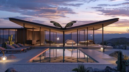 Desert sunset bathes a poolside mid-century modern pavilion, glass walls, butterfly roof, terrazzo floor, vintage loungers blend with desert landscape.